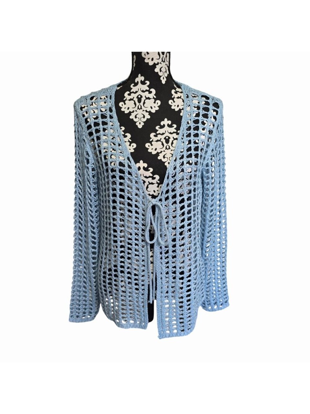 Crochet Open-Front Cardigan Light Blue Loose Knit Boho Size Large
